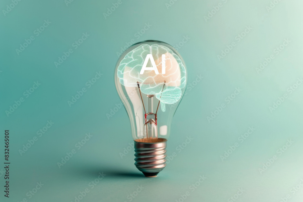 Poster a light bulb with a brain inside of it and the word ai on green background. concept of artificial in