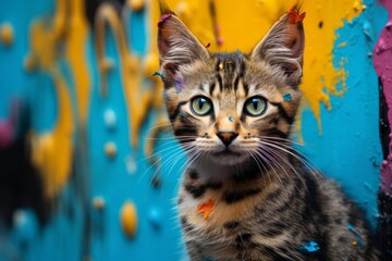 Portrait of a cute serengeti cat isolated in vibrant graffiti wall