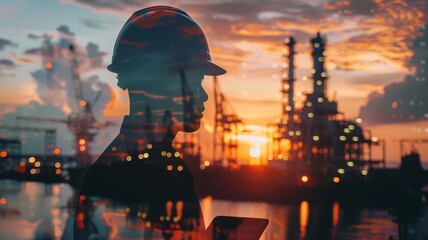 Engineer with tablet merging with offshore oil and gas platform, close up, focus on, vivid hues, Double exposure silhouette with industrial landscape