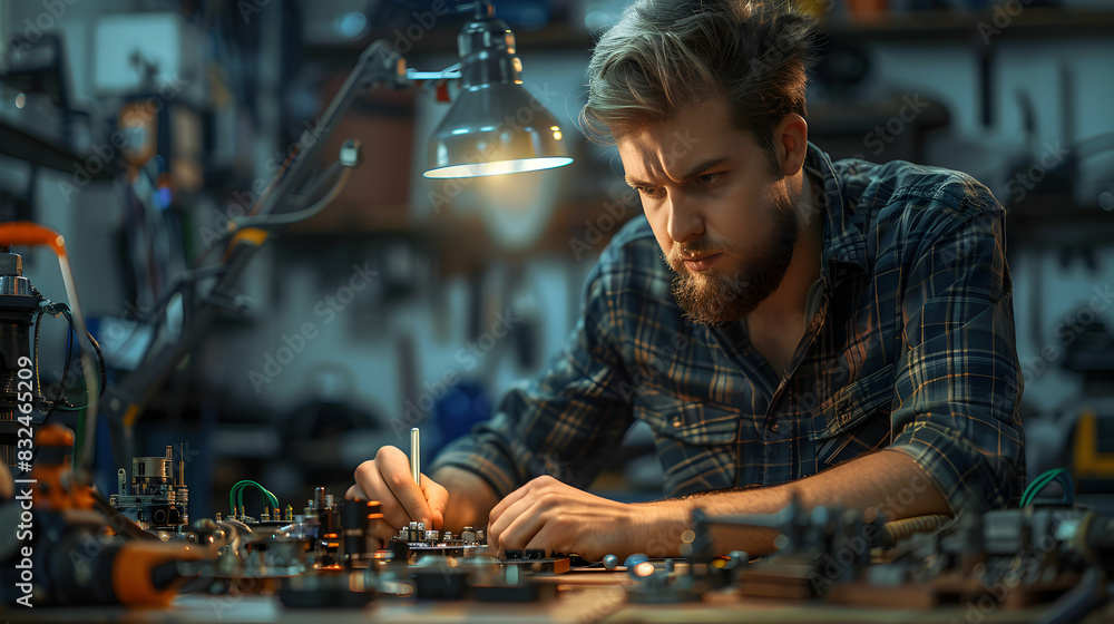 Aufkleber photo realistic image of an engineer solving a technical problem in a workshop, showcasing problem s