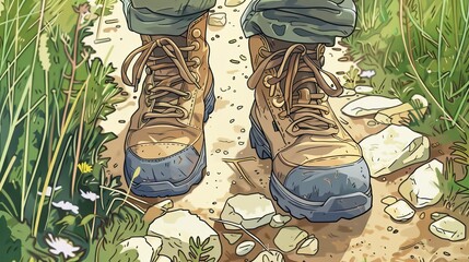 Hiking boots on a mountain trail for adventure or travel themed designs