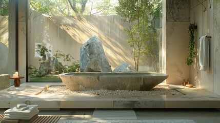 Serene bathroom retreat with stone bathtub, zen garden view, and natural light, creating a tranquil and relaxing atmosphere.