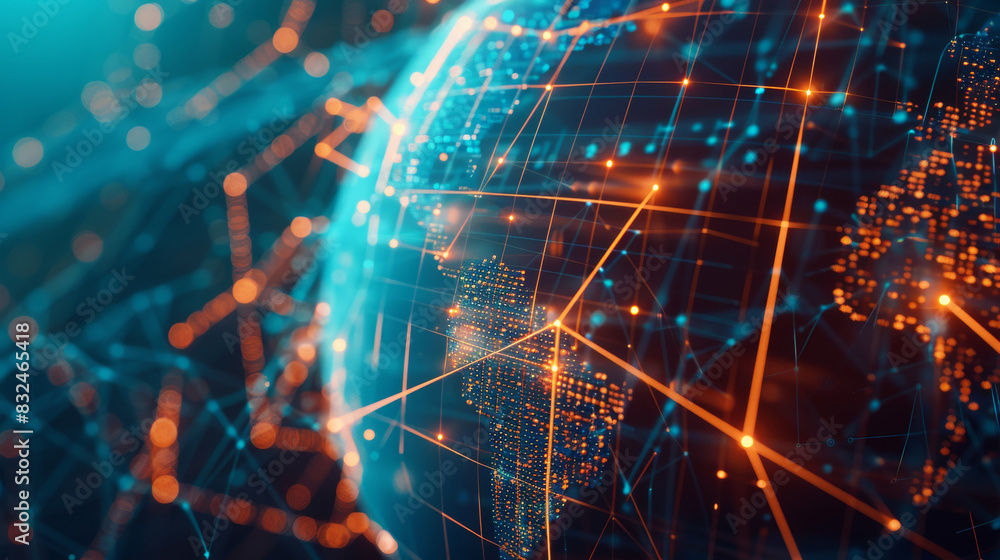 Poster a globe with a network of connected lines surrounding it, networking and worldwide business and tech