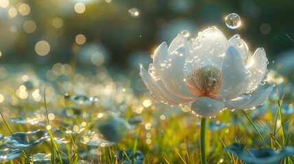 A clean and concise picture overlooking the grass with a wide perspective. On the right side of the grass, there is a sci-fi giant round-petaled flower blooming on the grass. 