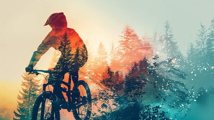 Silhouette of biker with mountain forest overlay, close up, focus on, vibrant colors, Double exposure silhouette with outdoor adventure