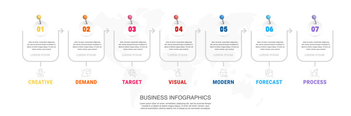 Vector modern infographic flat template pin and circles for diagram, graph with arrows. Business concept with seven options and marks. Blank space for content, step for step, timeline, workflow