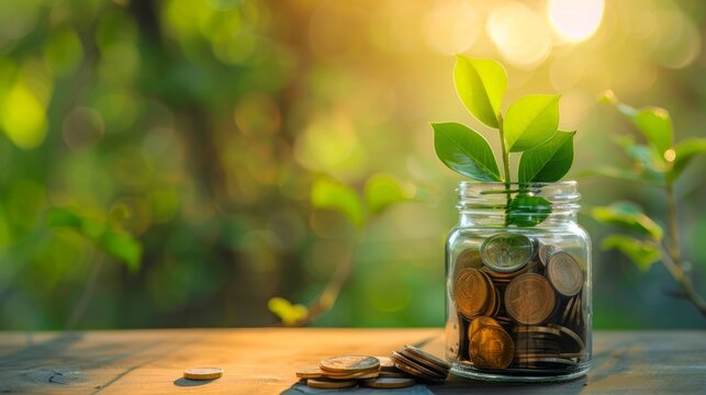 A jar filled with coins and a plant sprouting from within. The plants green leaves contrast with the metallic shine of the coins.