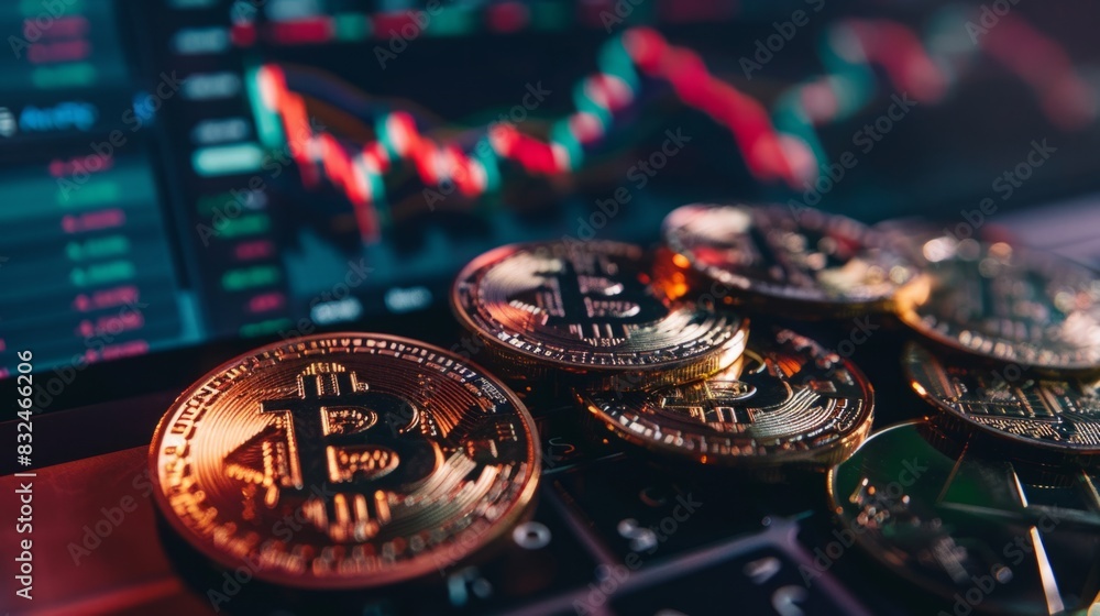 Poster a computer keyboard with shiny bitcoins placed on top, representing digital currency and online tran