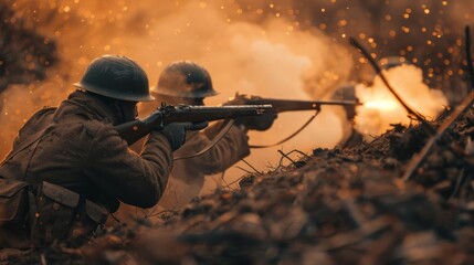 Fototapeta premium Two soldiers in combat gear aiming rifles on a battlefield with explosions and smoke in the background, depicting intense warfare.