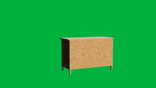 A wooden dresser with four drawers sits on a green background. The dresser is empty and he is a simple piece of furniture