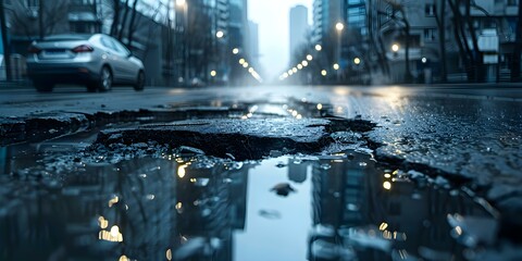 Road Conditions in Urban Area: Car Stopped Due to Potholes near Tall Buildings. Concept Urban Infrastructure, Potholes, Road Safety, Transportation, City Landscapes