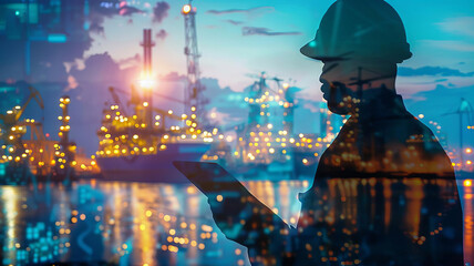 Silhouette of engineer with tablet and offshore oil and gas backdrop, close up, focus on, rich colors, Double exposure silhouette with oceanic industry