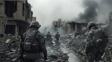 Soldiers patrol a war-torn city with destroyed buildings and rising smoke, emphasizing the devastation and challenge of conflict zones.