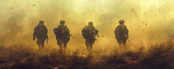 Four soldiers walking through smoky battlefield with dramatic lighting, portraying military power and determination.
