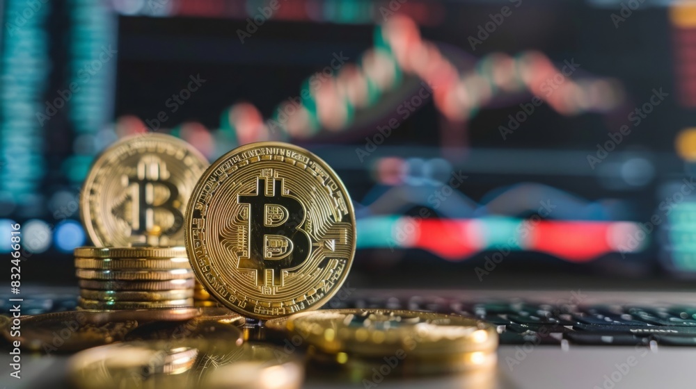 Poster a stack of gold bitcoins is placed neatly on top of a computer keyboard in a well-lit room.
