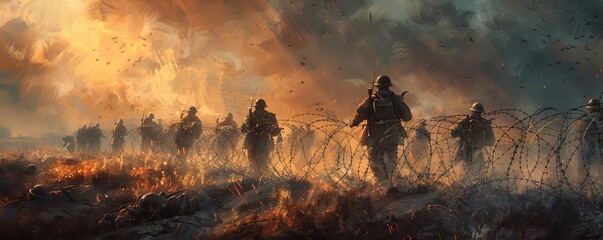 A dramatic scene of soldiers advancing through a smoky battlefield, surrounded by barbed wire and fire, under a stormy sky.