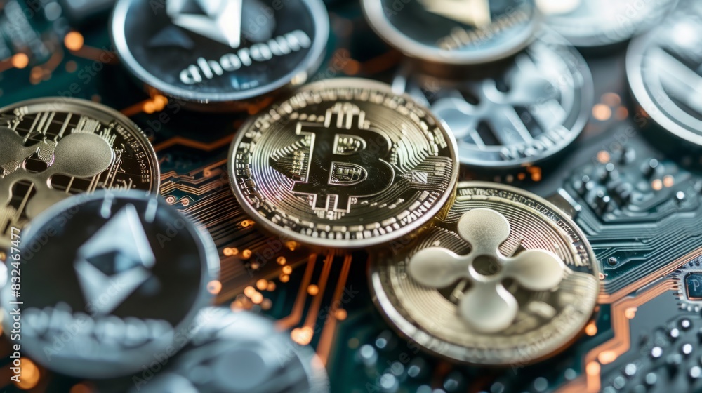 Poster stack of bitcoins resting on top of a computer chip, showcasing digital currency and technology inte