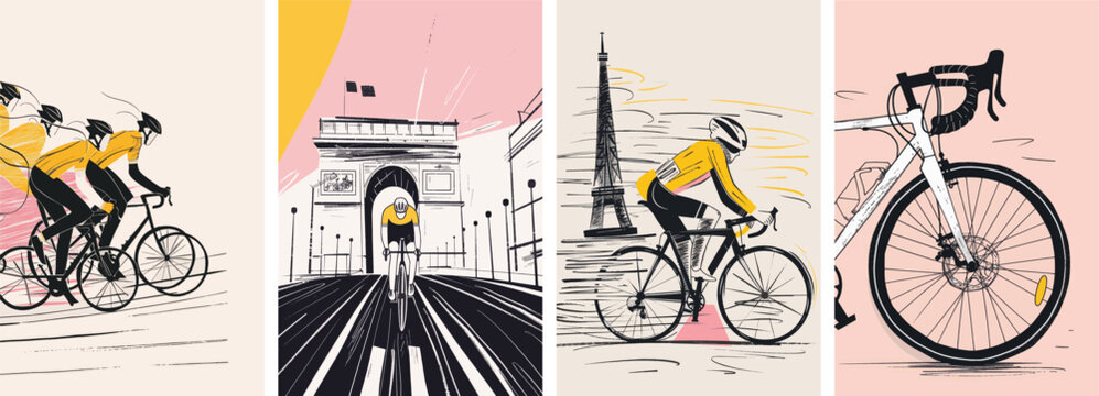 Collection of minimal road bike racing poster cover designs. Abstract cycling sports background