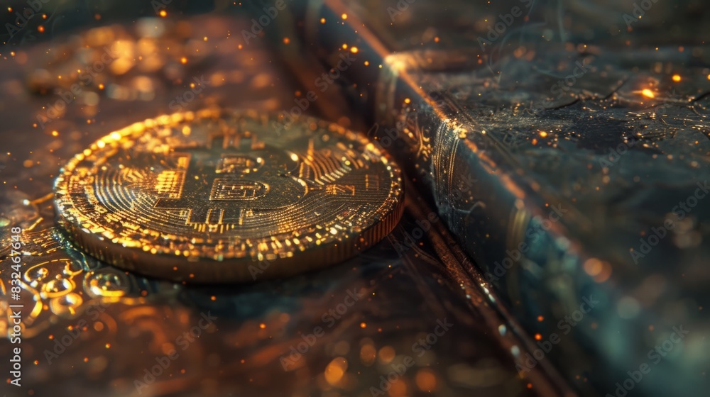 Poster a bitcoin currency resting on top of an open book, symbolizing financial knowledge and cryptocurrenc