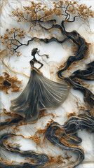 Diaphanous beautiful woman in a translucent ivory dress with chinese style golden trees in the back