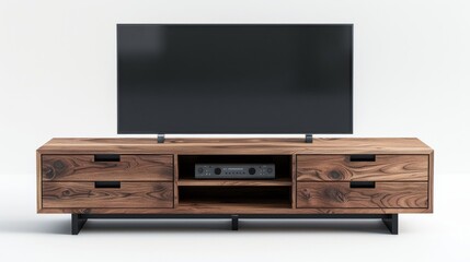Obraz premium High-detail photo of a stylish TV unit with drawers and shelves, isolated on a white studio background