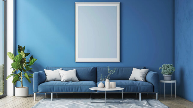 blue living room with a blank poster frame, offering a perfect canvas for showcasing custom artwork or inspirational quotes