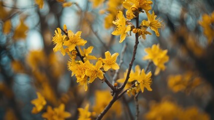 Obraz premium Macro shot of yellow forsythia flowers on a tree during spring
