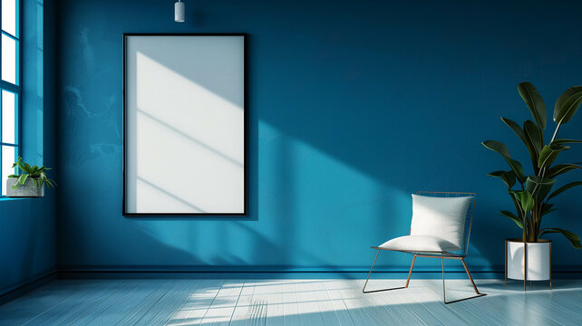 blue living room with a blank poster frame, offering a perfect canvas for showcasing custom artwork or inspirational quotes