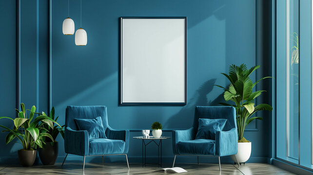 blue living room with a blank poster frame, offering a perfect canvas for showcasing custom artwork or inspirational quotes