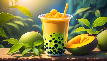 Mango Matcha Fusion: Boba Tea in a Clear Cup