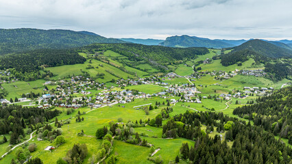 aerial view of the village of Corrençon-en-Vercors near Villard de Lans in the Vercors massif in...
