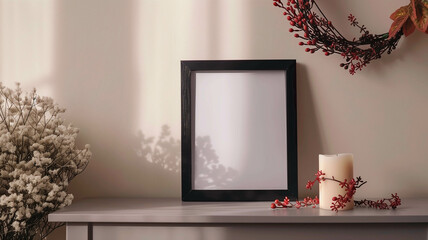 memorial setup featuring a black-ribboned photo frame, a candle on a light grey table, and a wreath of plastic flowers against the wall