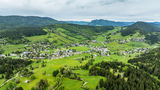 aerial view of the village of Corren&ccedil;on-en-Vercors near Villard de Lans in the Vercors massif in spring