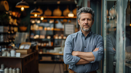 Businessman standing by his shop window indoors