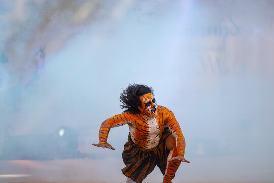 Portrait of an male artist performing classical dance kuchipudi as tiger to save himself from hunter on stage with tiger makeup on his  face and body.