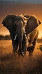 Obraz premium Tranquil elephant silhouette peacefully ambles through the grass at sunset.