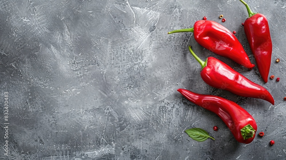 Poster pepper on a gray backdrop with space for text seen from above culinary background