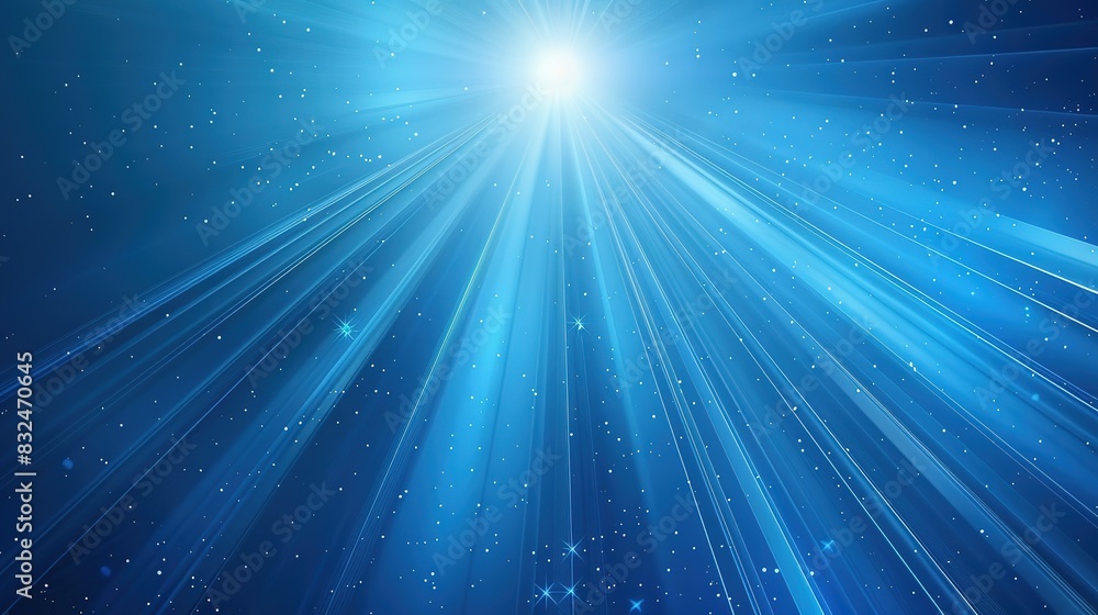 Poster blue background with a burst of light rays emanating from the center