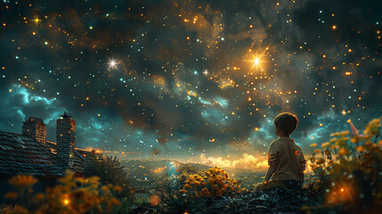 Obraz premium a child sitting on a roof and looking at the stars