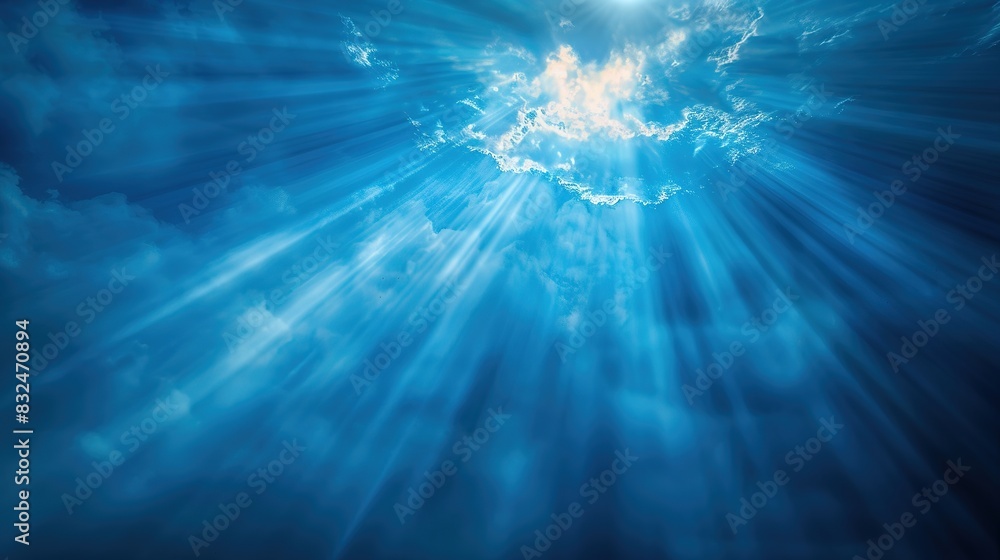 Poster blue background with a burst of light rays emanating from the center
