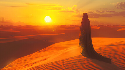 Arabian woman in the desert at sunset travel concentration, generative ai
