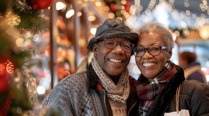 Obraz premium Happy senior African American couple shopping for Christmas presents at a mall market, celebrating winter holidays. New Year, Christmas