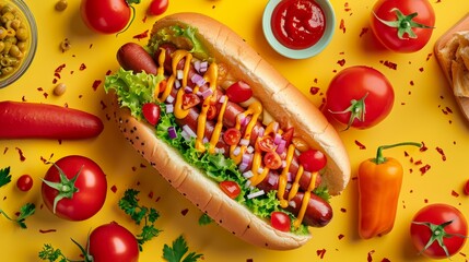 A classic hot dog with all the fixings, including mustard, ketchup, relish, and onions, surrounded by fresh tomatoes and peppers.