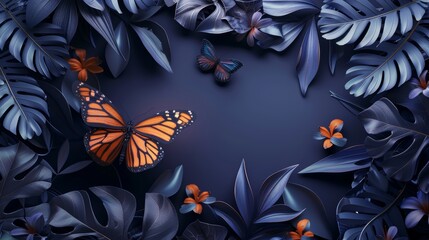 A single orange butterfly amidst a frame of dark blue tropical leaves on a blue background.