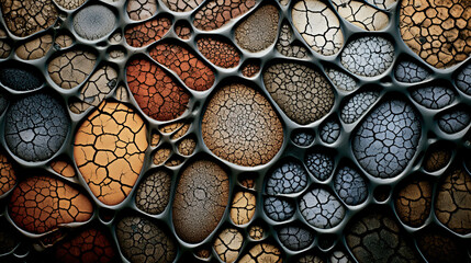 A textured abstract pattern featuring metallic silver ridges with bursts of vibrant colors.