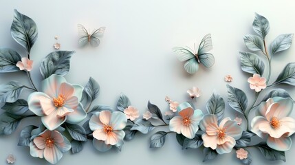 Delicate paper flowers and butterflies on a light blue background.
