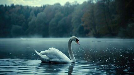 A white swan glides through the lake