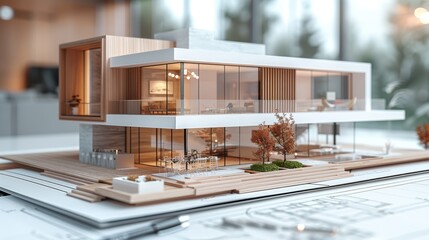 A modern architectural model of a luxury house with large windows, a spacious deck, and lush landscaping. The model is placed on blueprints, showcasing the design process.