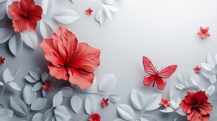 Red paper flowers and butterfly with white leaves on a gray background.