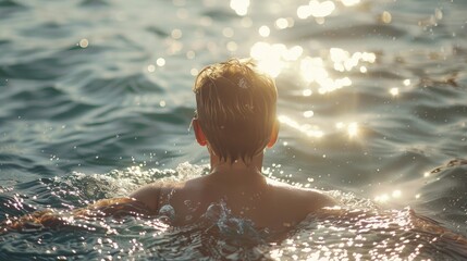 A 10 year old boy swims in the sunlit sea on a bright day